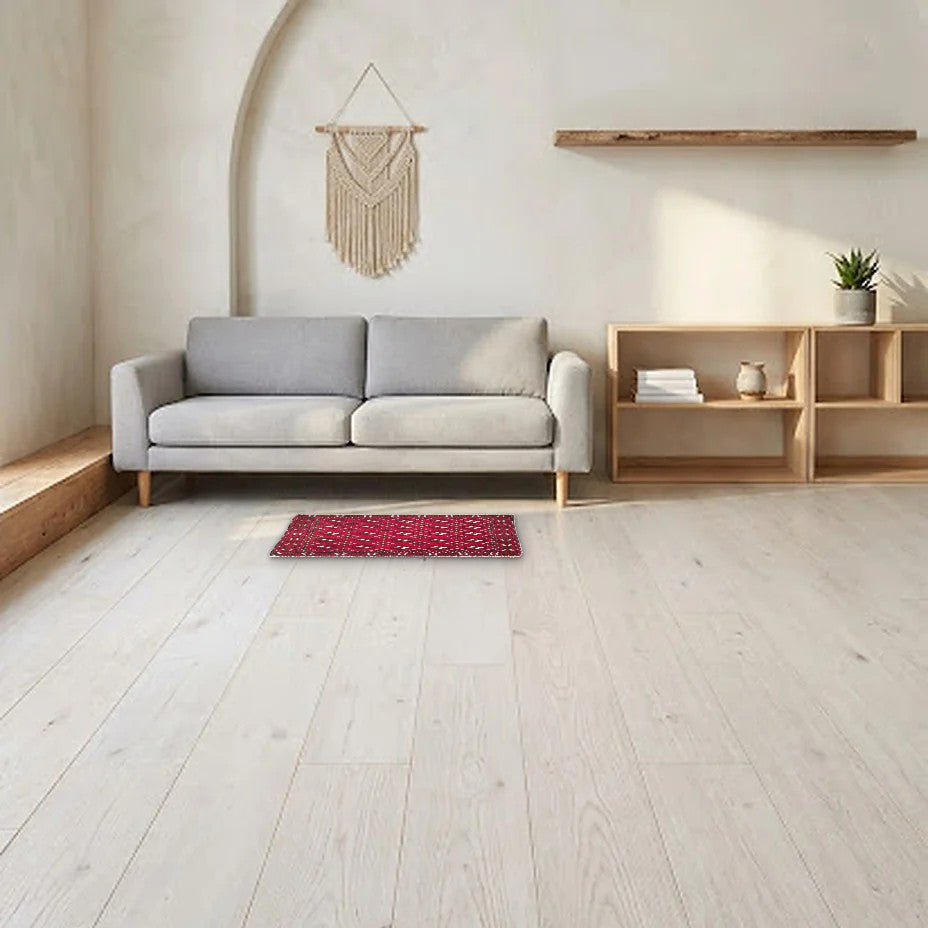 Room view: the rug on the floor of a furnished room, shown at its real size