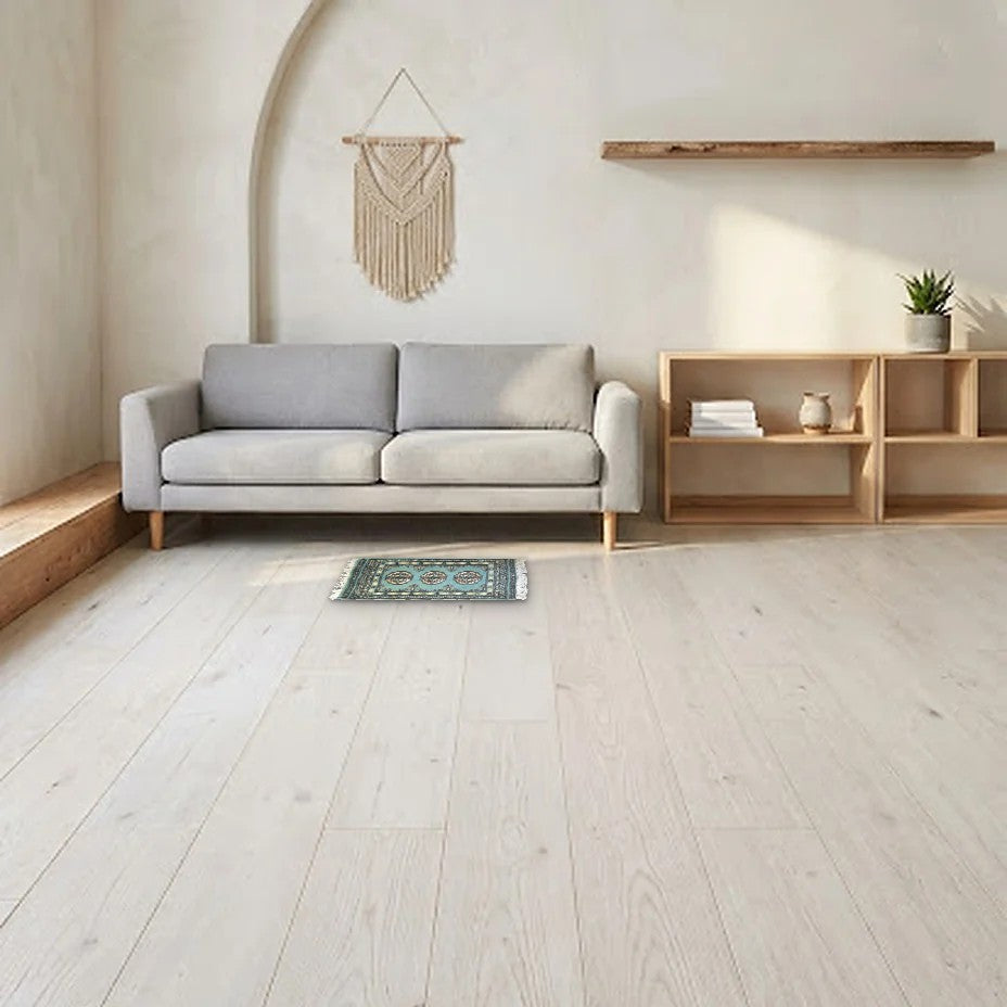 Room view: the rug on the floor of a furnished room, shown at its real size
