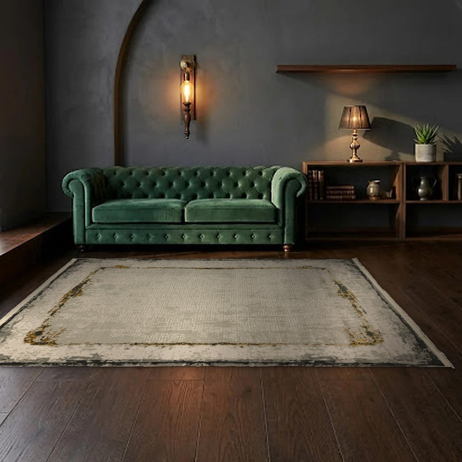 Room view: the rug on the floor of a furnished room, shown at its real size