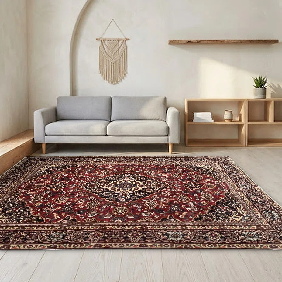 Room view: the rug on the floor of a furnished room, shown at its real size