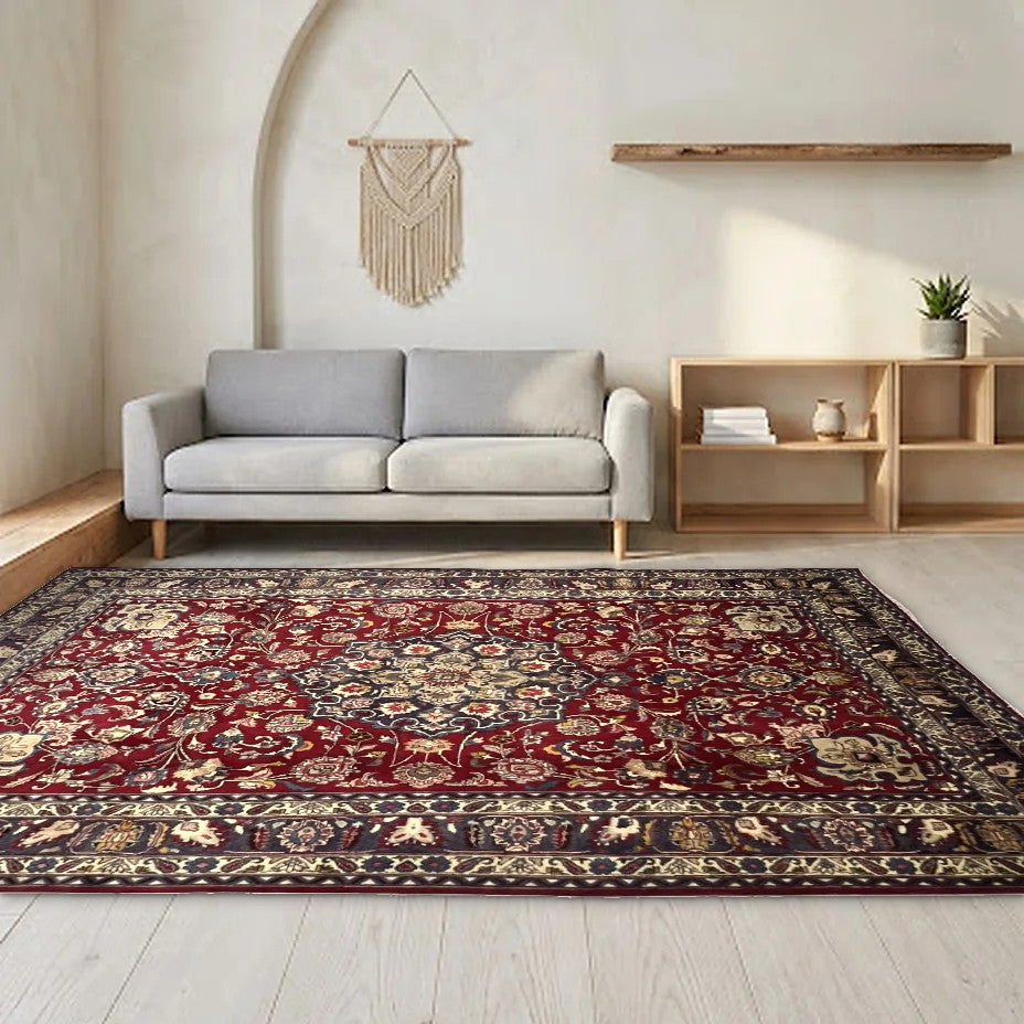 Room view: the rug on the floor of a furnished room, shown at its real size