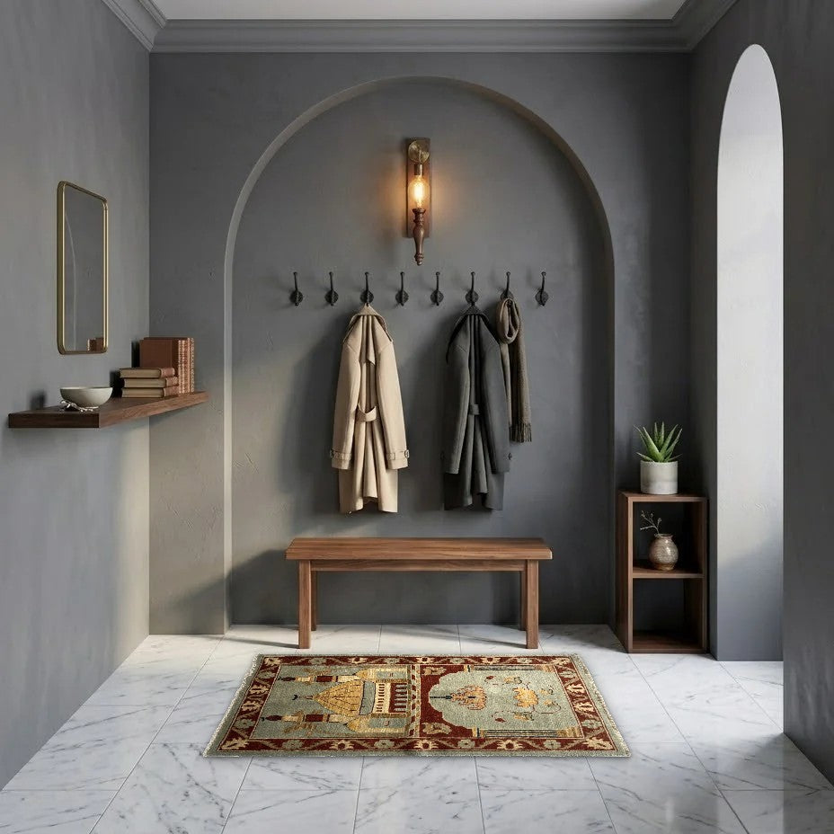Room view: the rug on the floor of a furnished room, shown at its real size