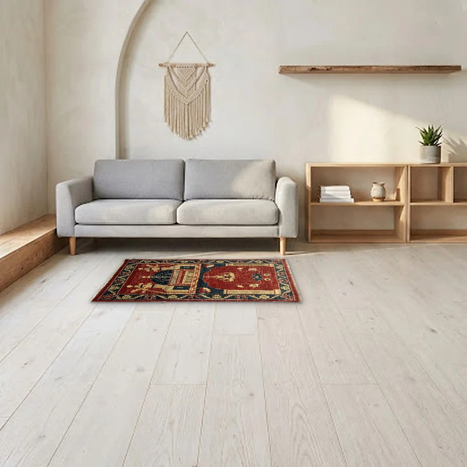 Room view: the rug on the floor of a furnished room, shown at its real size