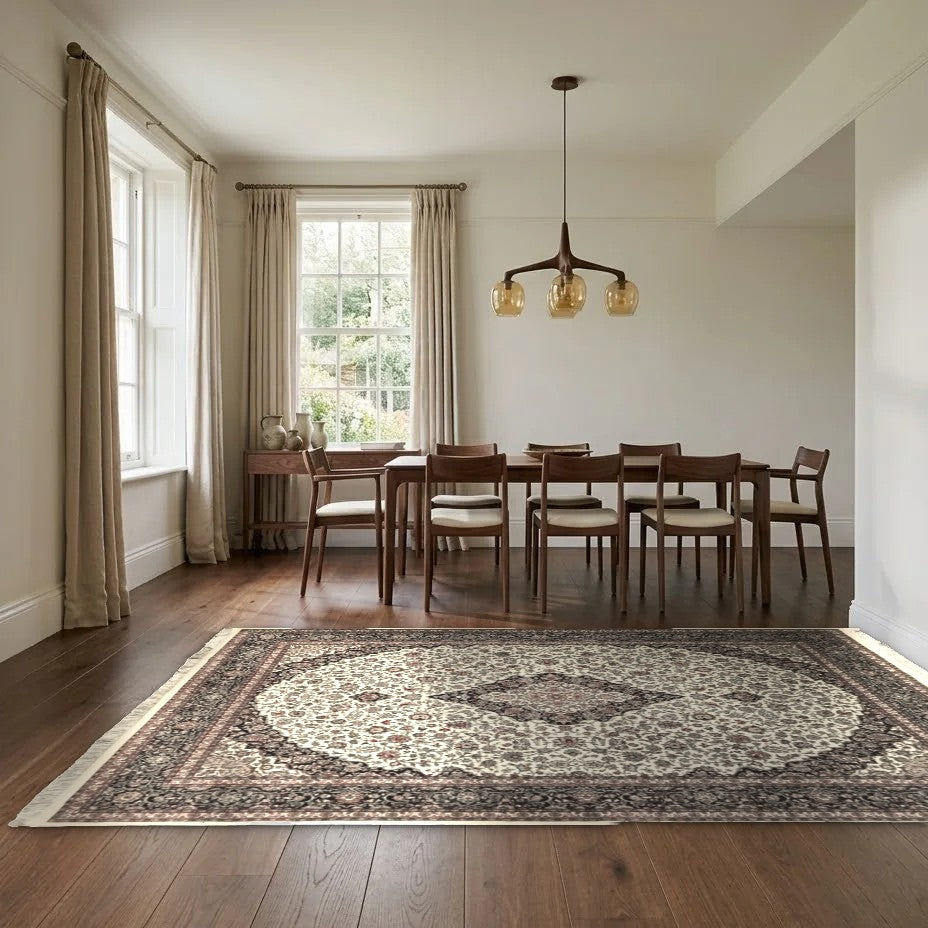 Room view: the rug on the floor of a furnished room, shown at its real size