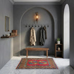 Room view: the rug on the floor of a furnished room, shown at its real size