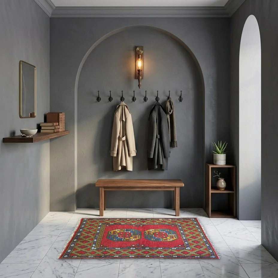 Room view: the rug on the floor of a furnished room, shown at its real size