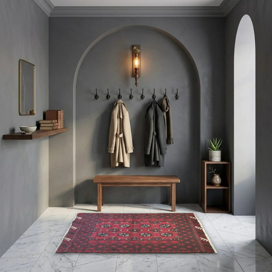 Room view: the rug on the floor of a furnished room, shown at its real size