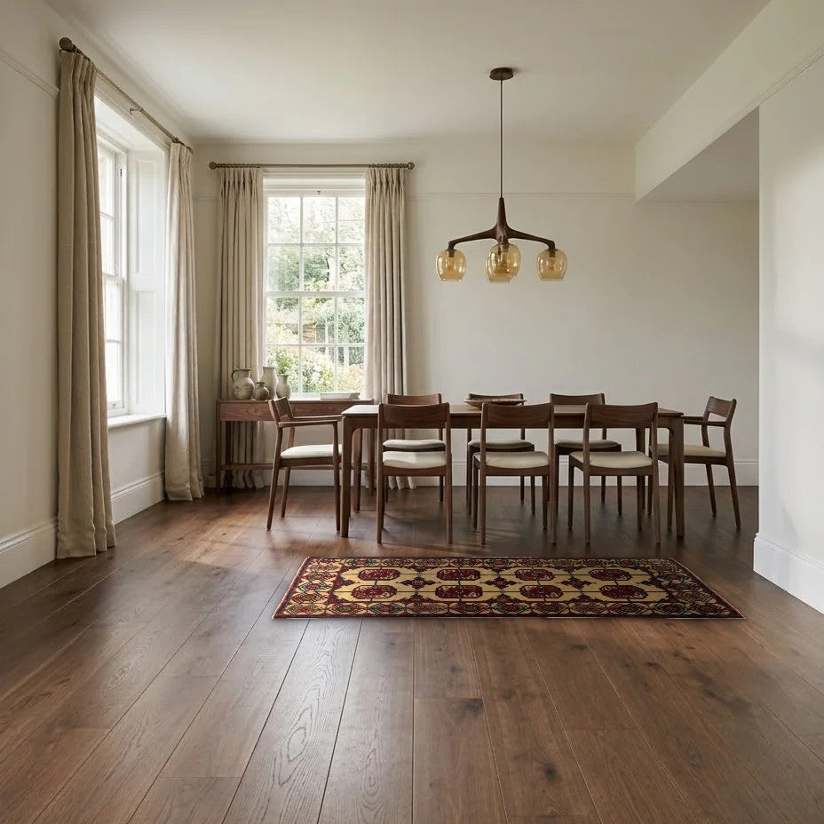 Room view: the rug on the floor of a furnished room, shown at its real size
