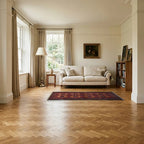 Room view: the rug on the floor of a furnished room, shown at its real size