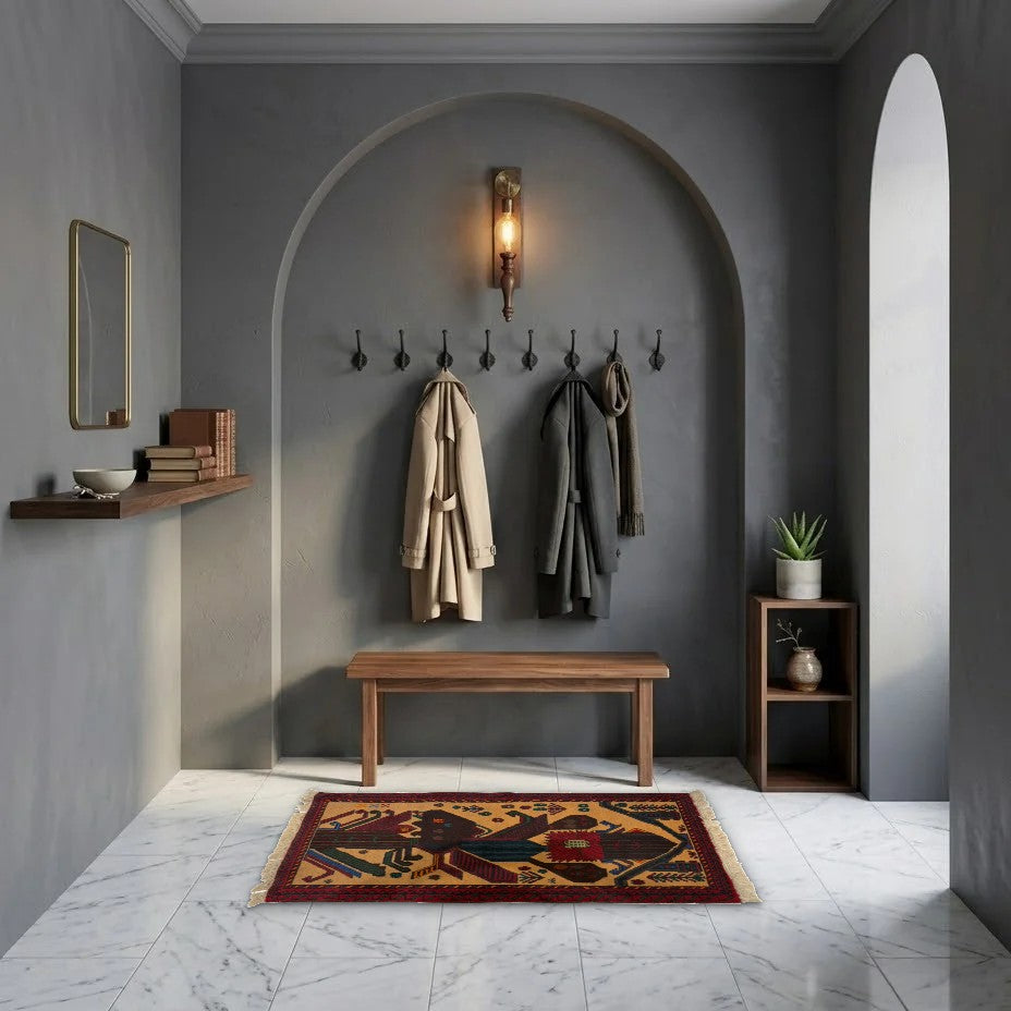 Room view: the rug on the floor of a furnished room, shown at its real size
