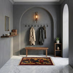 Room view: the rug on the floor of a furnished room, shown at its real size