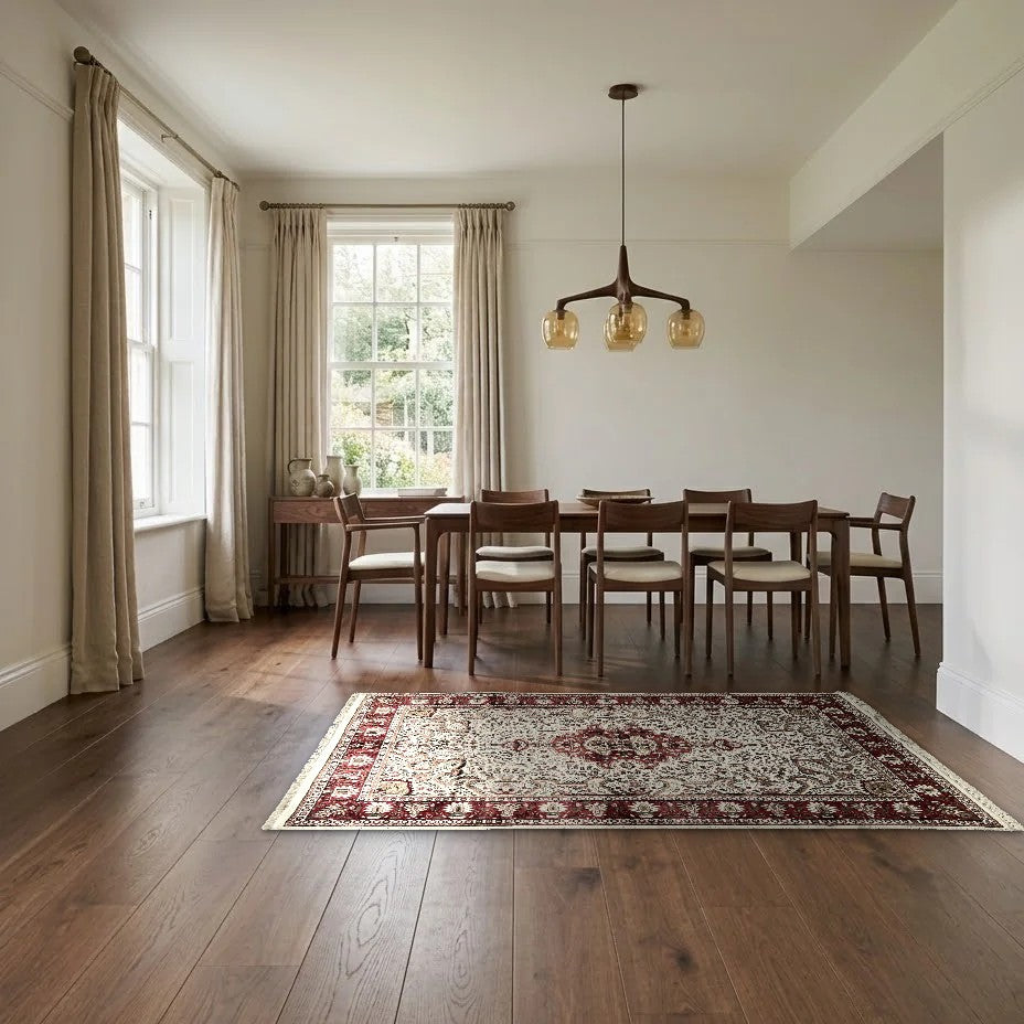 Room view: the rug on the floor of a furnished room, shown at its real size