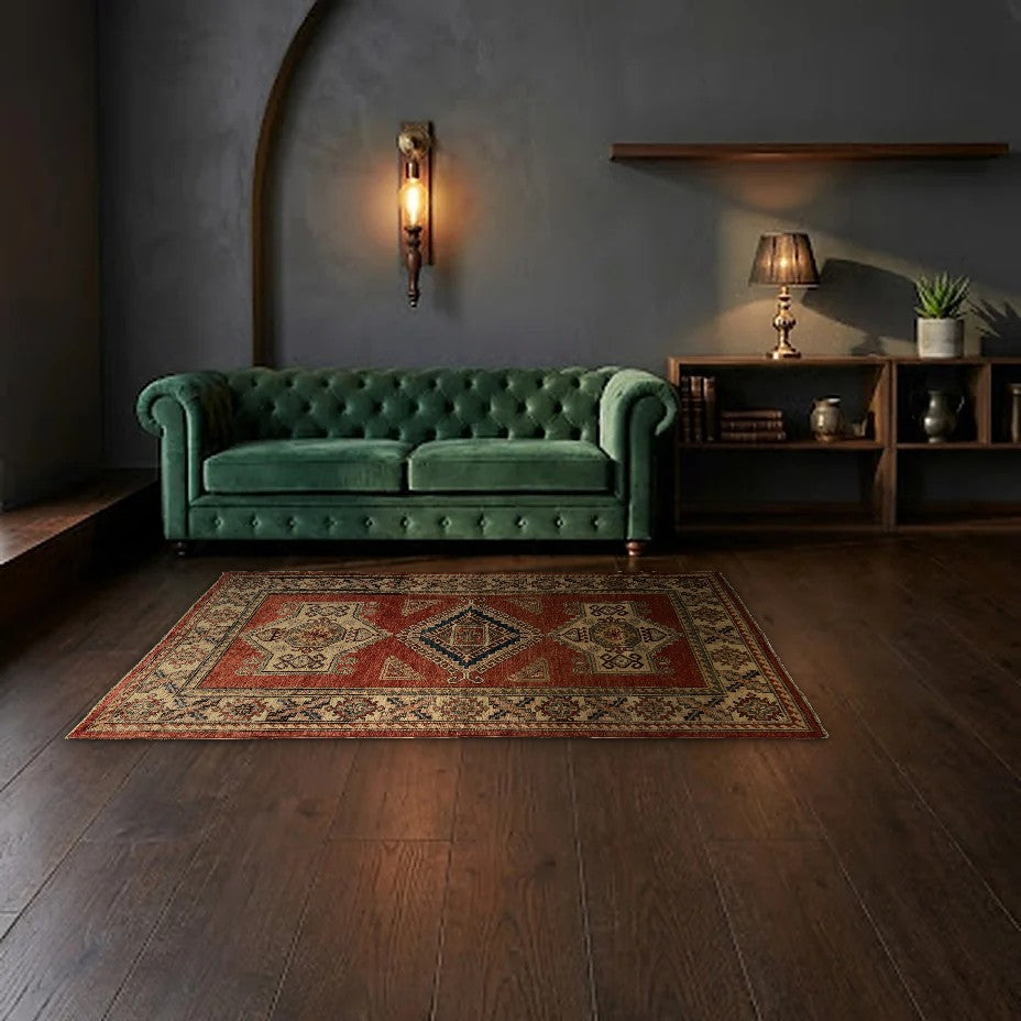 Room view: the rug on the floor of a furnished room, shown at its real size