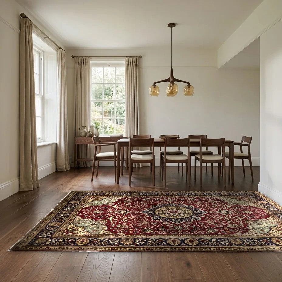Room view: the rug on the floor of a furnished room, shown at its real size