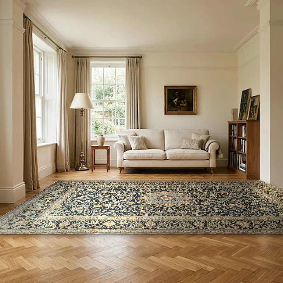 Room view: the rug on the floor of a furnished room, shown at its real size