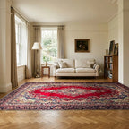 Room view: the rug on the floor of a furnished room, shown at its real size