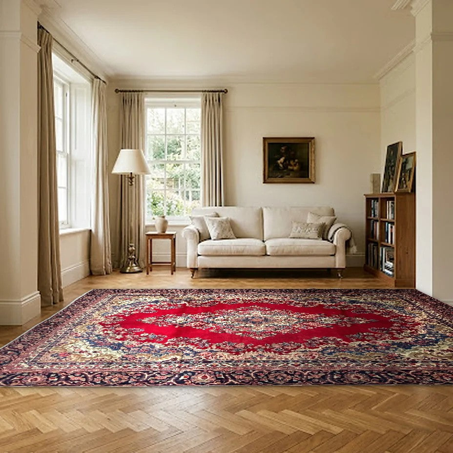 Room view: the rug on the floor of a furnished room, shown at its real size
