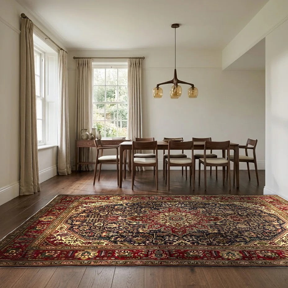 Room view: the rug on the floor of a furnished room, shown at its real size