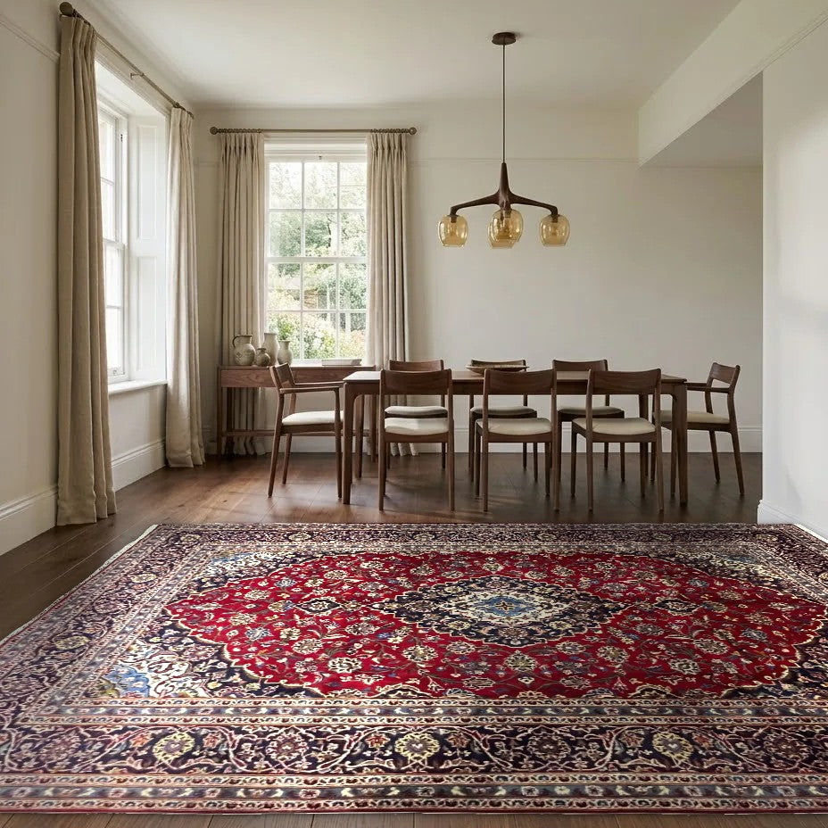 Room view: the rug on the floor of a furnished room, shown at its real size