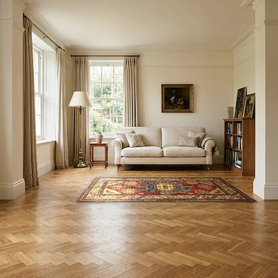 Room view: the rug on the floor of a furnished room, shown at its real size