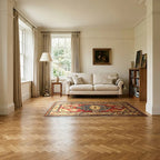 Room view: the rug on the floor of a furnished room, shown at its real size