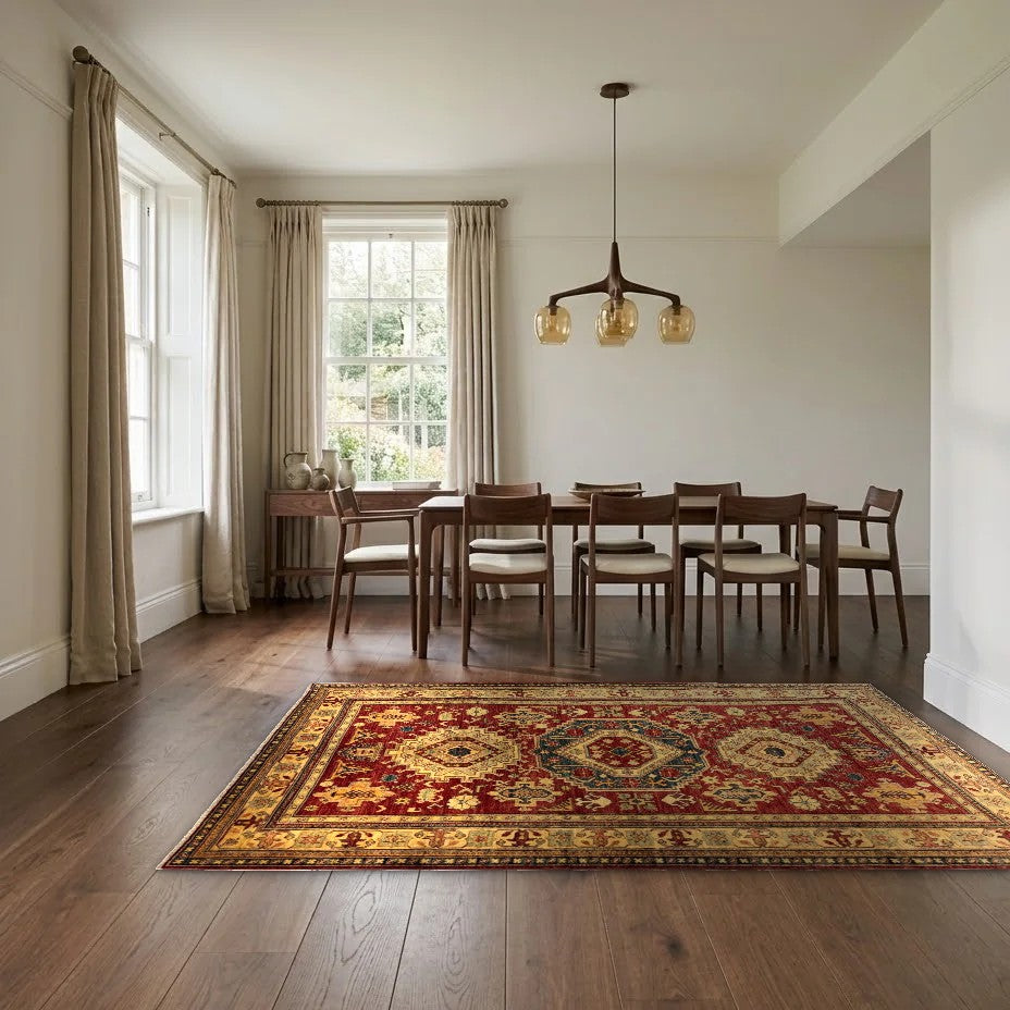 Room view: the rug on the floor of a furnished room, shown at its real size