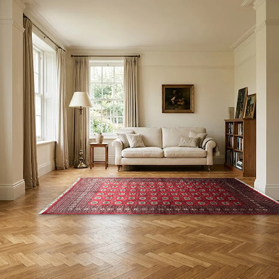 Room view: the rug on the floor of a furnished room, shown at its real size