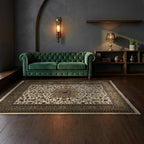 Room view: the rug on the floor of a furnished room, shown at its real size