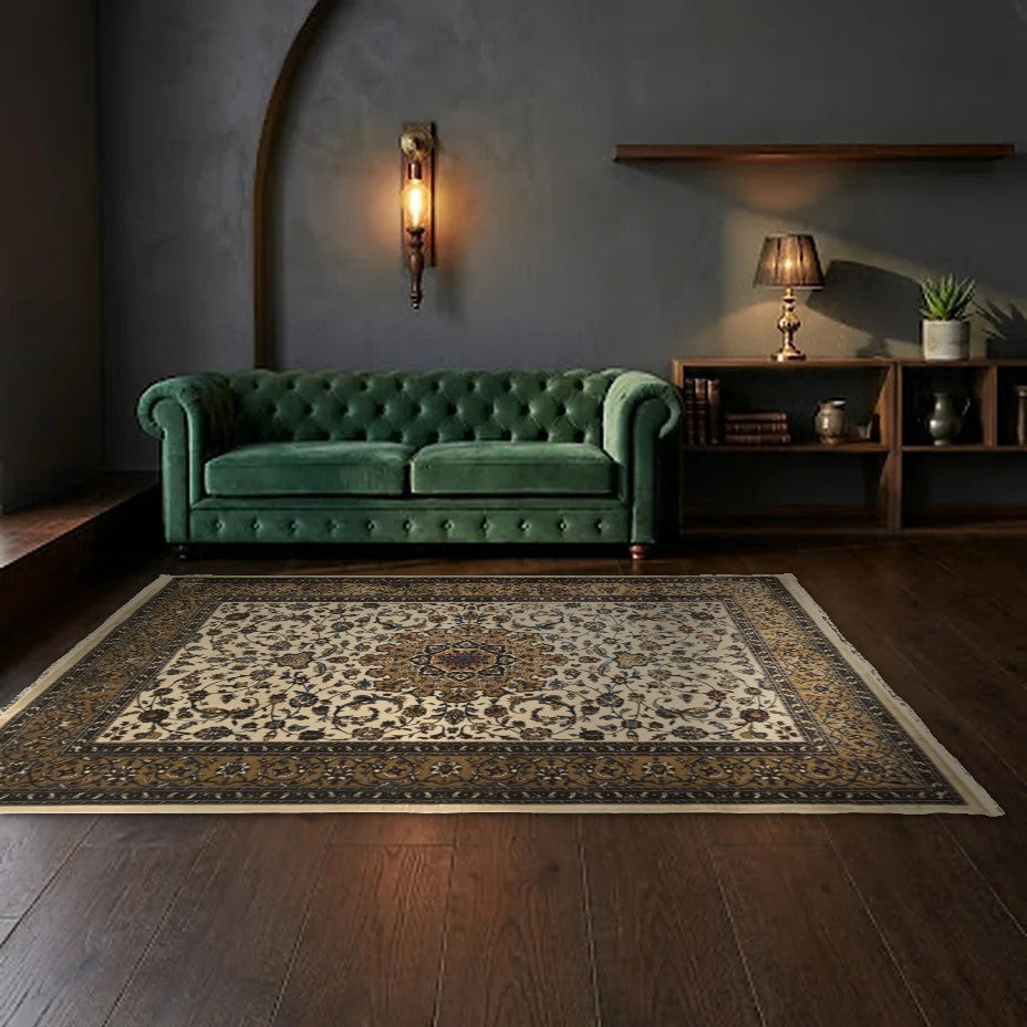 Room view: the rug on the floor of a furnished room, shown at its real size