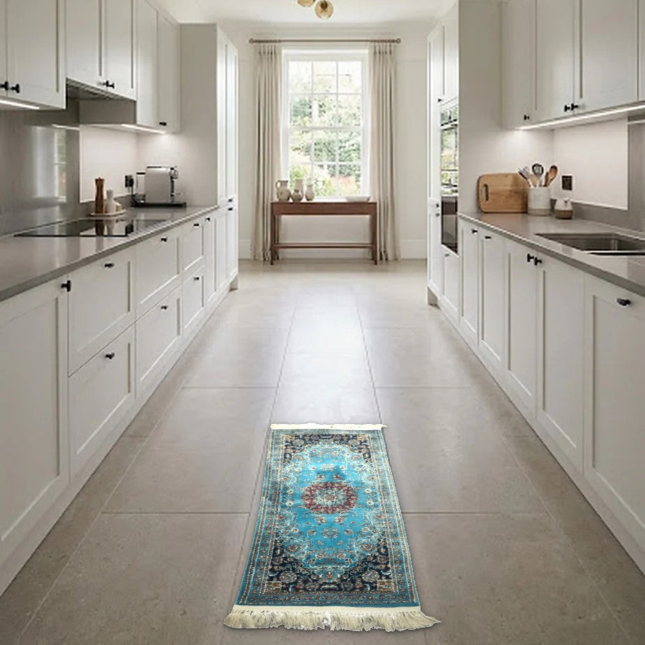 Room view: the rug on the floor of a furnished room, shown at its real size