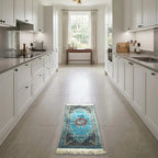 Room view: the rug on the floor of a furnished room, shown at its real size