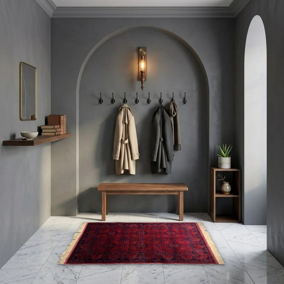 Room view: the rug on the floor of a furnished room, shown at its real size