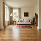 Room view: the rug on the floor of a furnished room, shown at its real size