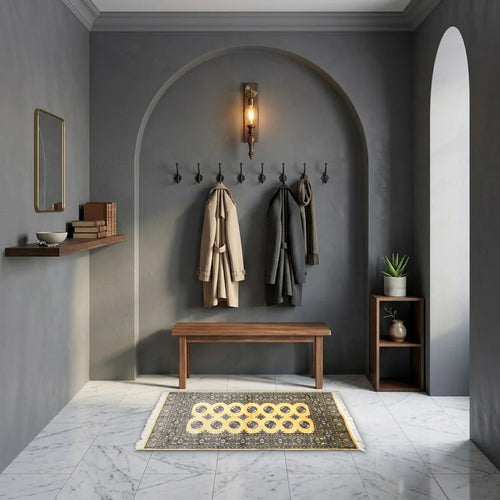 Room view: the rug on the floor of a furnished room, shown at its real size