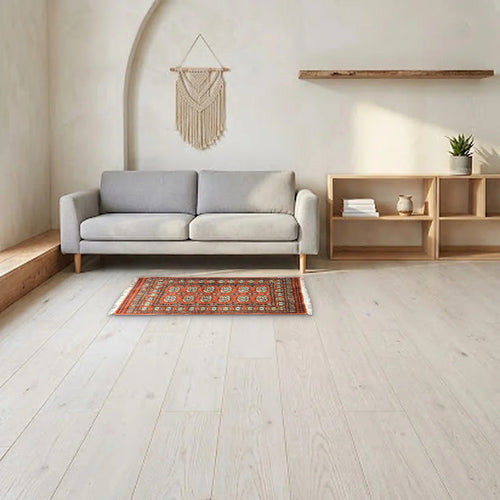 Room view: the rug on the floor of a furnished room, shown at its real size