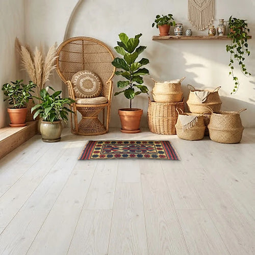 Room view: the rug on the floor of a furnished room, shown at its real size
