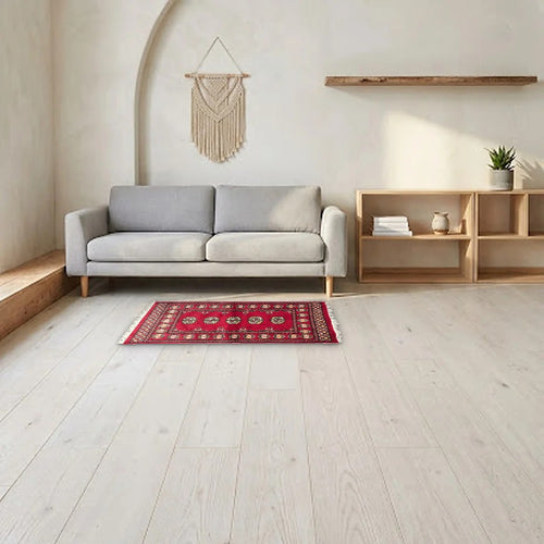 Room view: the rug on the floor of a furnished room, shown at its real size