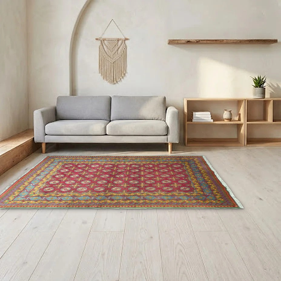 Room view: the rug on the floor of a furnished room, shown at its real size