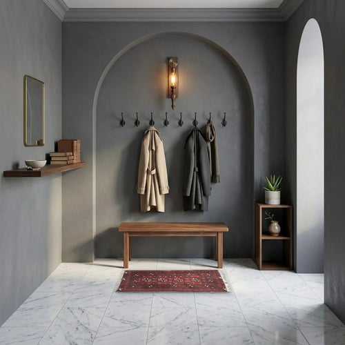 Room view: the rug on the floor of a furnished room, shown at its real size