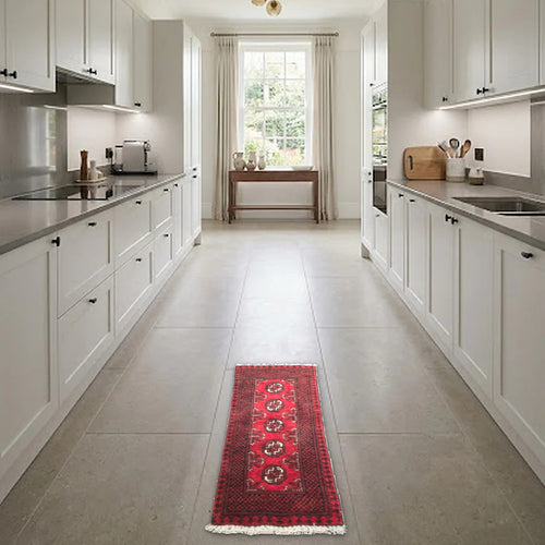 Room view: the rug on the floor of a furnished room, shown at its real size
