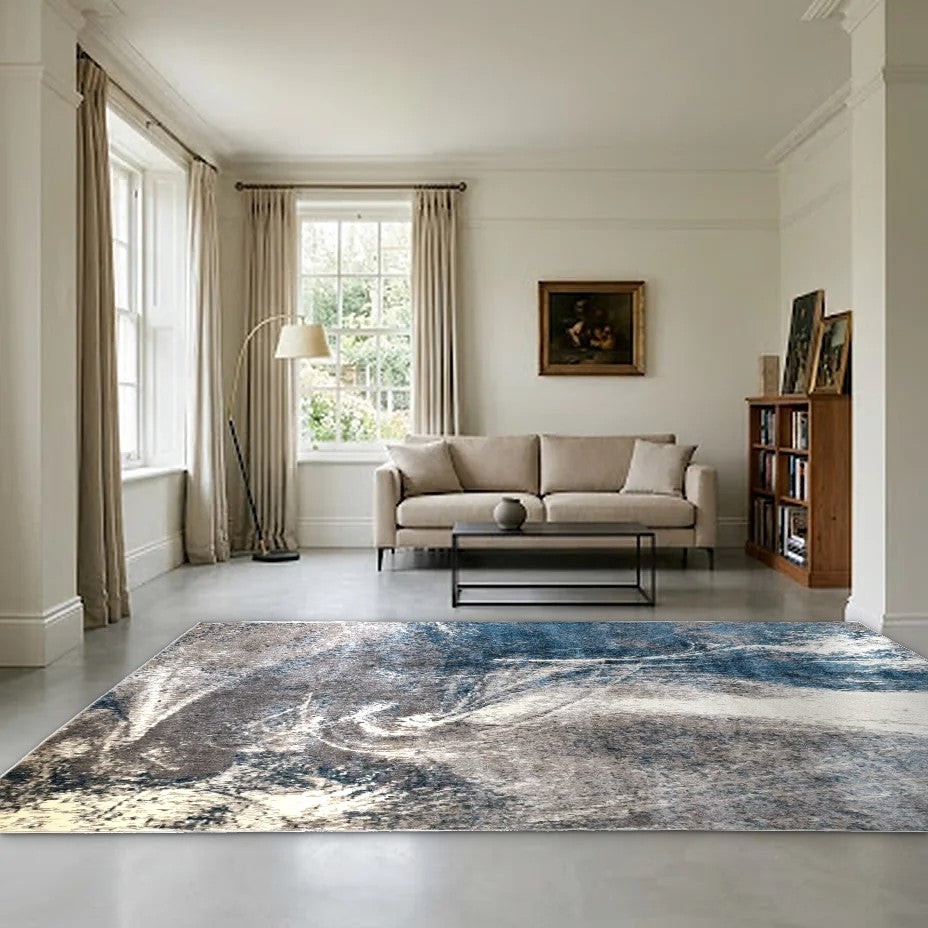 Room view: the rug on the floor of a furnished room, shown at its real size