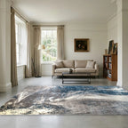 Room view: the rug on the floor of a furnished room, shown at its real size