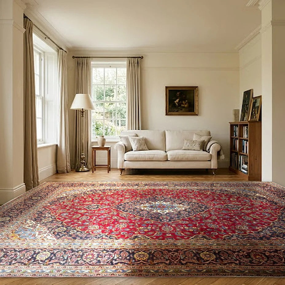 Room view: the rug on the floor of a furnished room, shown at its real size