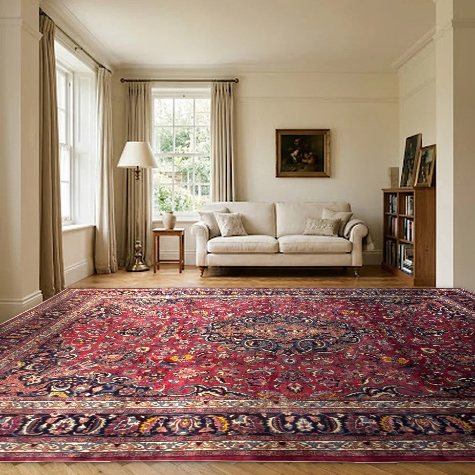 Room view: the rug on the floor of a furnished room, shown at its real size