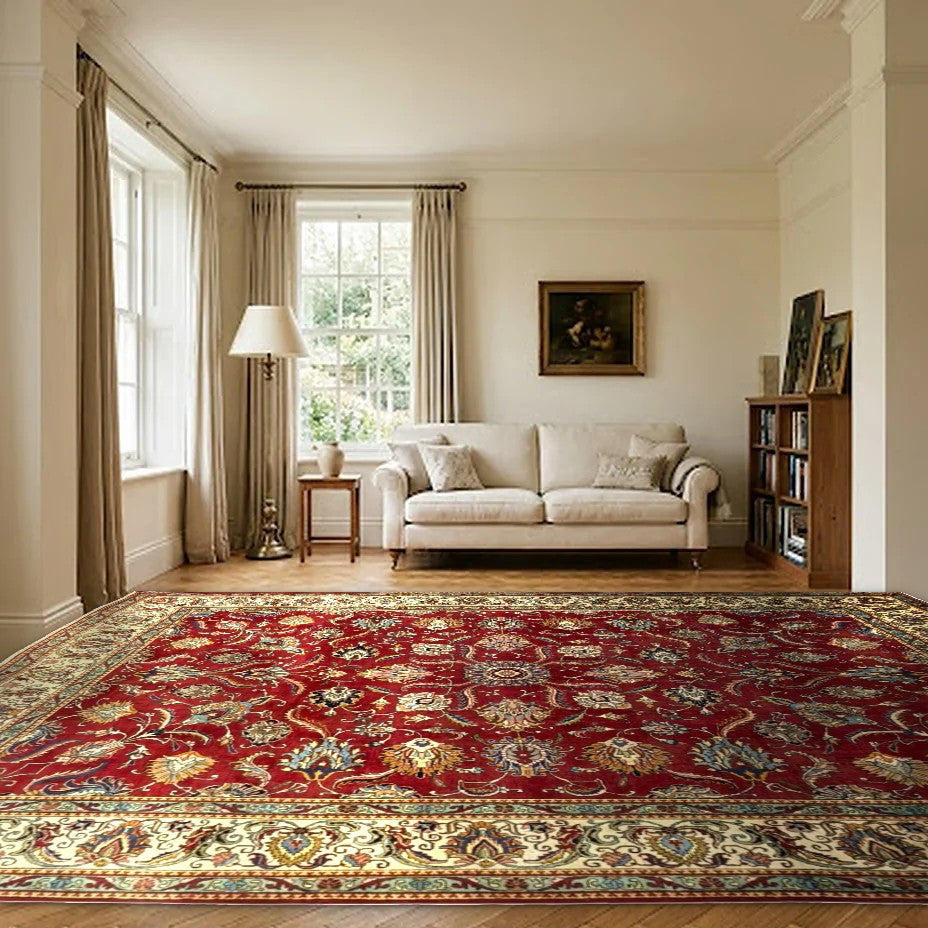 Room view: the rug on the floor of a furnished room, shown at its real size