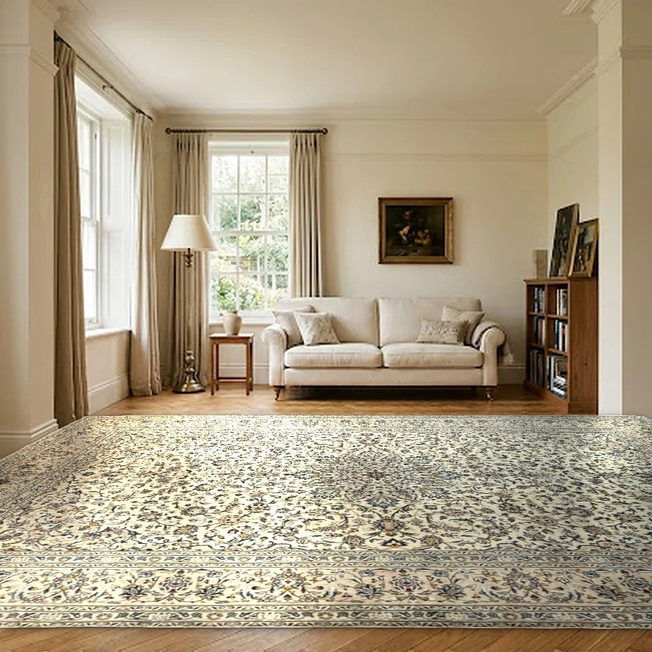 Room view: the rug on the floor of a furnished room, shown at its real size