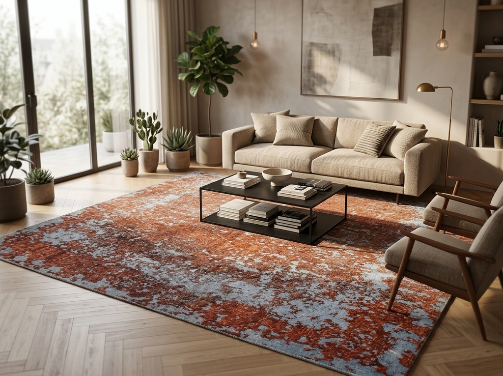 324 x 264 cm Persian Modern Hand-Knotted Ultra Vintage Wool Rug styled in a modern living room