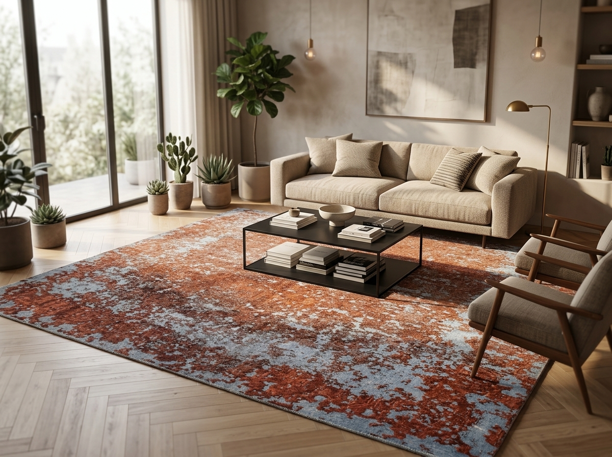 324 x 264 cm Persian Modern Hand-Knotted Ultra Vintage Wool Rug styled in a modern living room
