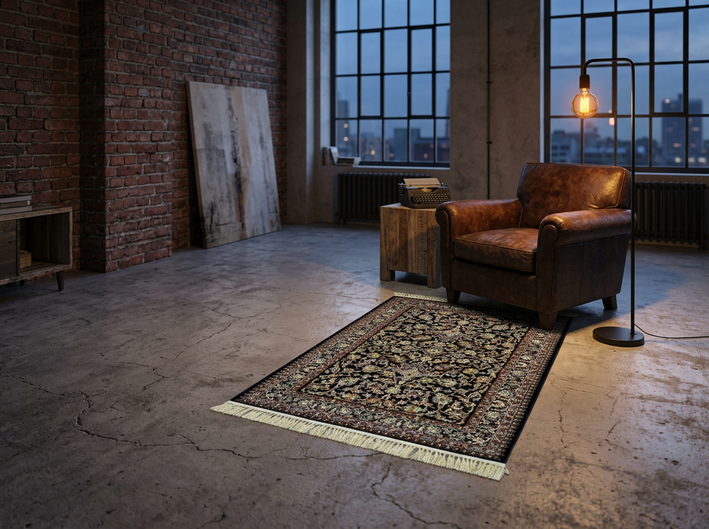 150 x 100 cm Golden Bloom on Midnight Ground Persian Rug styled in an industrial loft