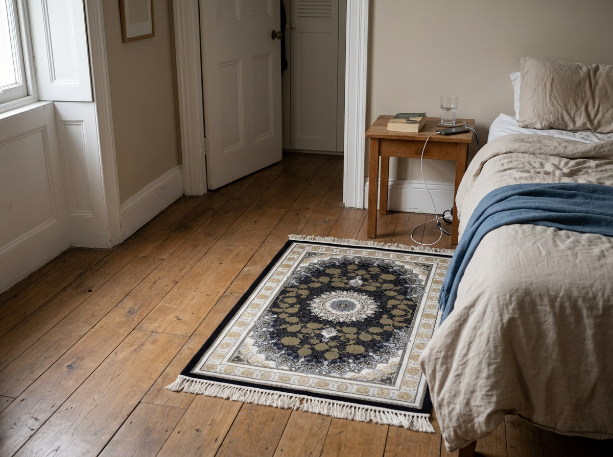 150 x 100 cm Ornate Floral Symphony in Grey & Gold Persian Rug in a bedroom setting